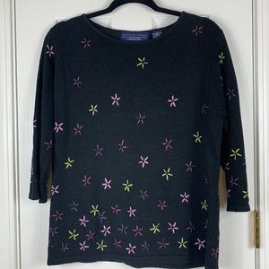Catherine Stewart black short sleeved sweater with multi colored flowers large